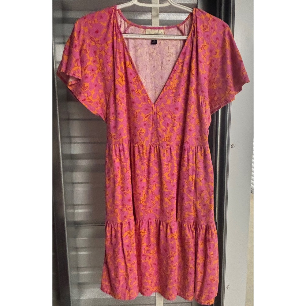 Universal Thread Pink Orange Floral Tiered Mini Dress XS Linen Rayon V-Neck